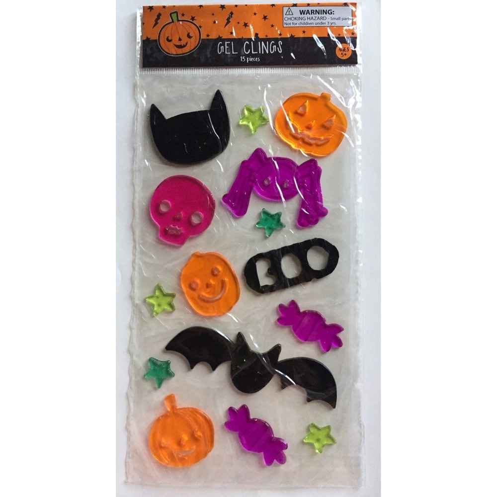 NEW HALLOWEEN15 pc Window Gel Clings BOO Cat Bat Candy Pumpkins Skull Spider!